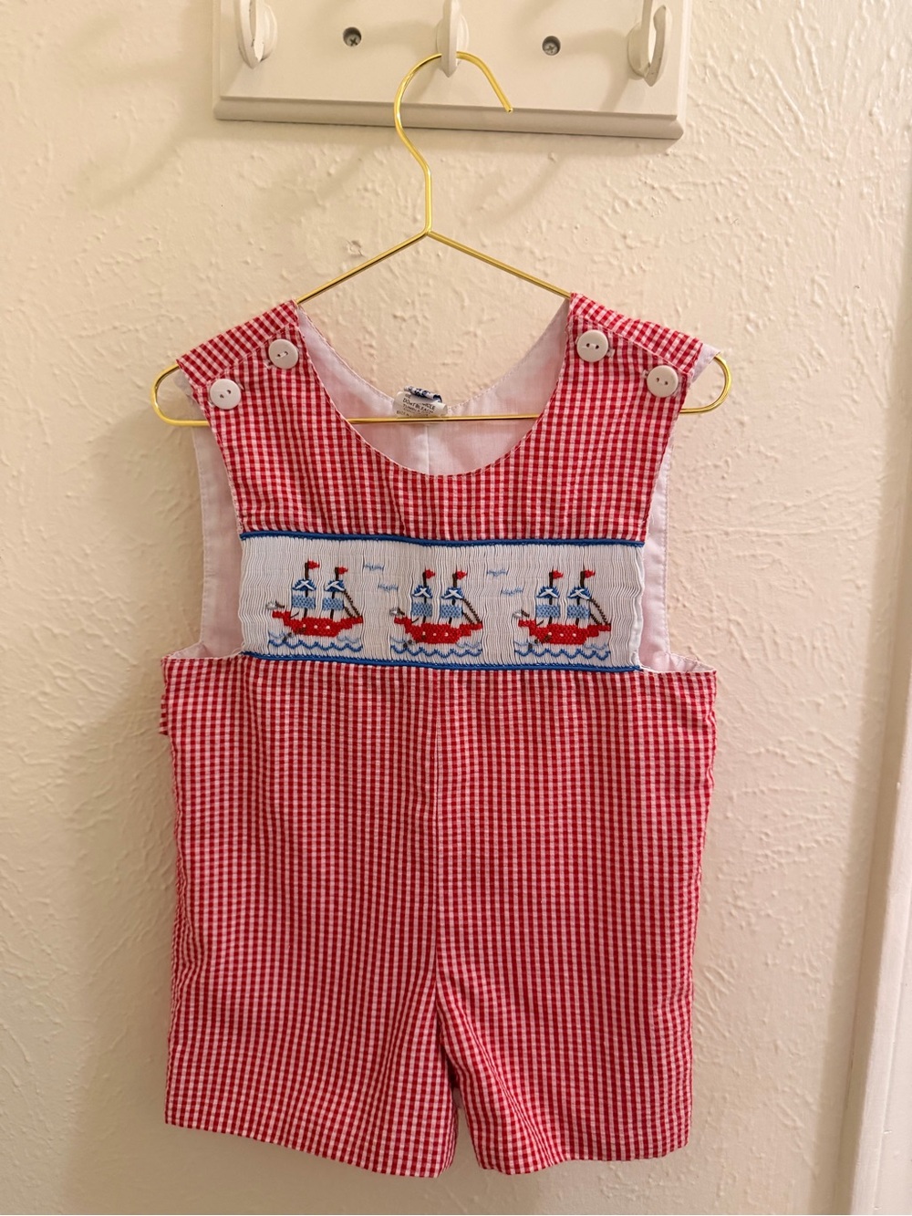 Red Gingham Smocked Sailboat Kids Shortalls